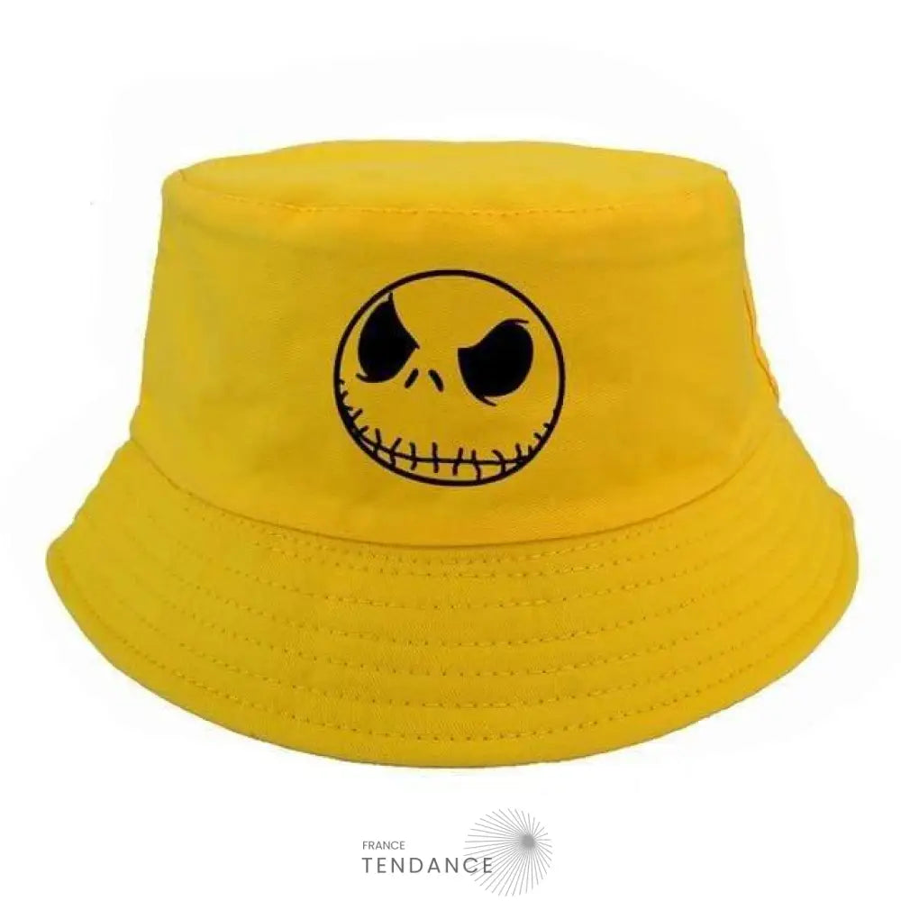 Bob Jack jaune en coton avec visage squelette contrasté et bord surpiqué, vue de face