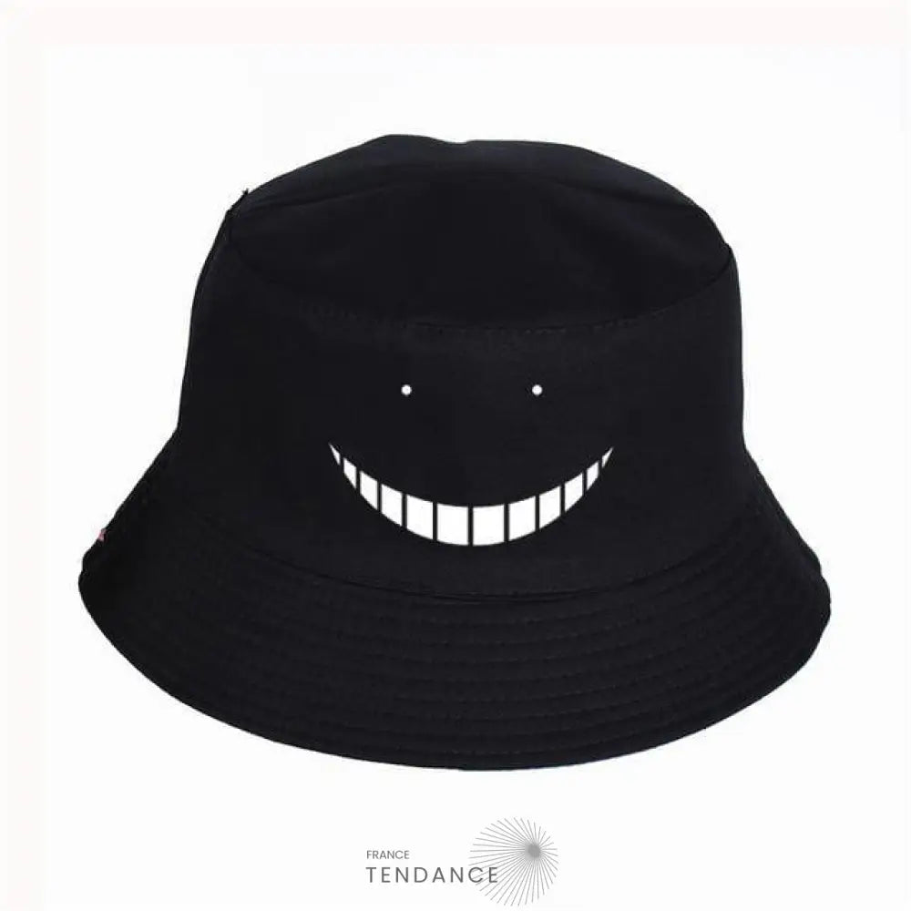 Bob Kuro noir en coton avec grand sourire contrasté et bord surpiqué, vue de face