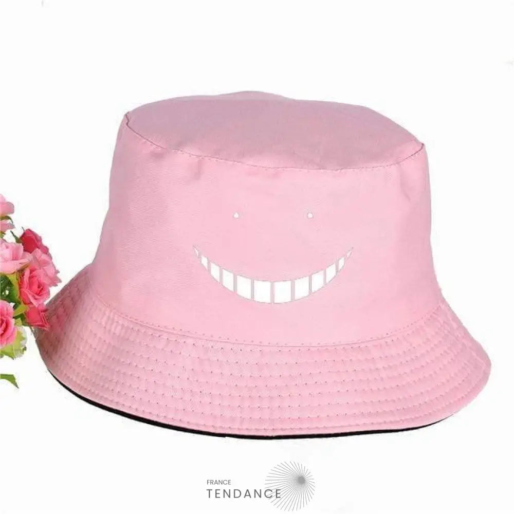 Bob Kuro rose en coton avec grand sourire contrasté et bord surpiqué, vue de face